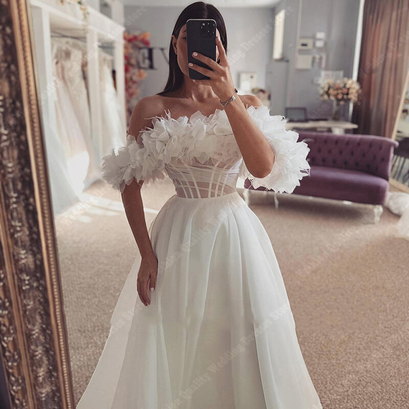 2024 Sweet Off The Shoulder Women Wedding Dresses Vintage 3D Lace Flower Printing Bridal Gowns Floor Length Vestidos De Novias