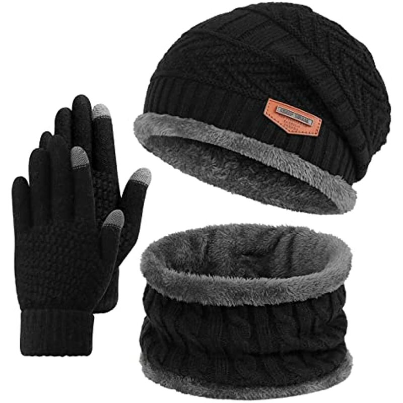 3 Pcs ฤดูหนาวหมวกถักคออุ่นถุงมือขนแกะเรียงรายหมวกผ้าพันคอ Infinity Touch Screen Mittens สำหรับผู้ชายผู้หญิง
