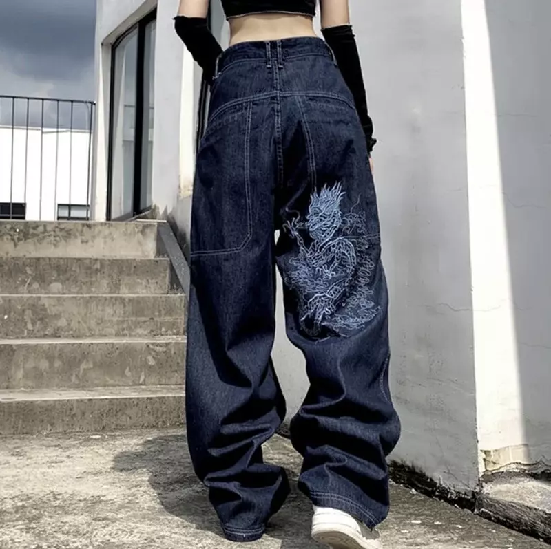 Jins bordir huruf Amerika wanita Y2k, celana jins kaki lebar, Jeans kasual lurus tren mode Punk Gotik jalanan Hip Hop baru