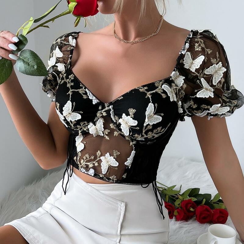 Blusa con bordado de malla para mujer, Top elegante con patrón de flores bordadas, Tops recortados con lateral