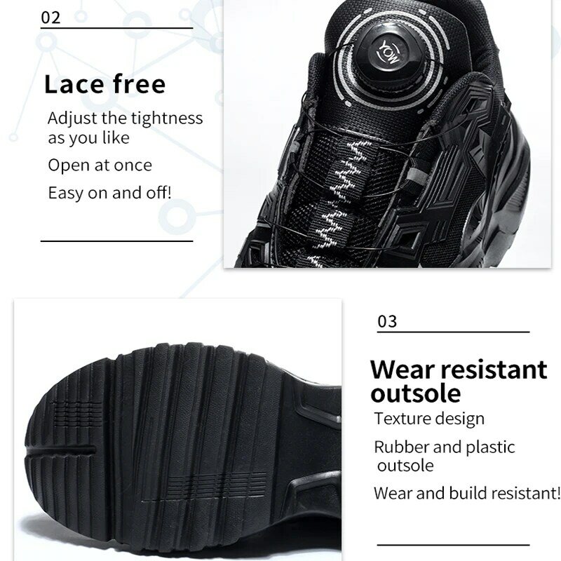 男性用の回転バックル付き安全靴,通気性のある鋼のつま先の安全靴,黒,耐パンク性,ユニセックスのプラットフォーム