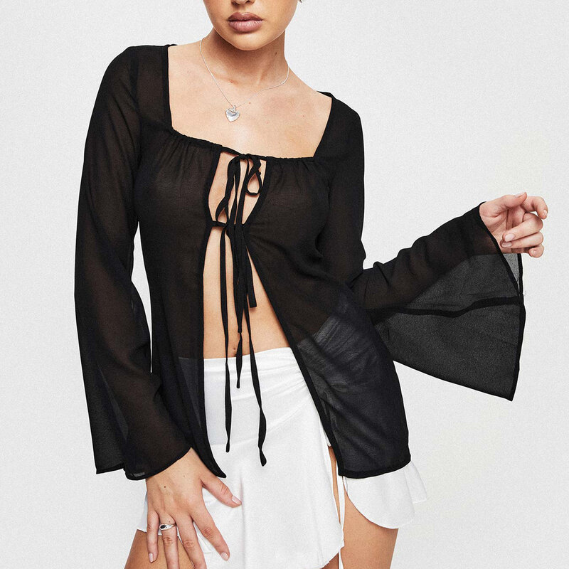Women Sheer Tops, Long Flare Sleeve Tie-up See-through Solid Color Fall Tops Clubwear