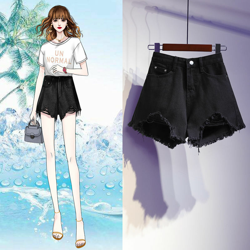 Spring/Summer Korean Large Size Perforated Denim Shorts High Waist Loose and Slim A-line Wide Leg Hot Pants
