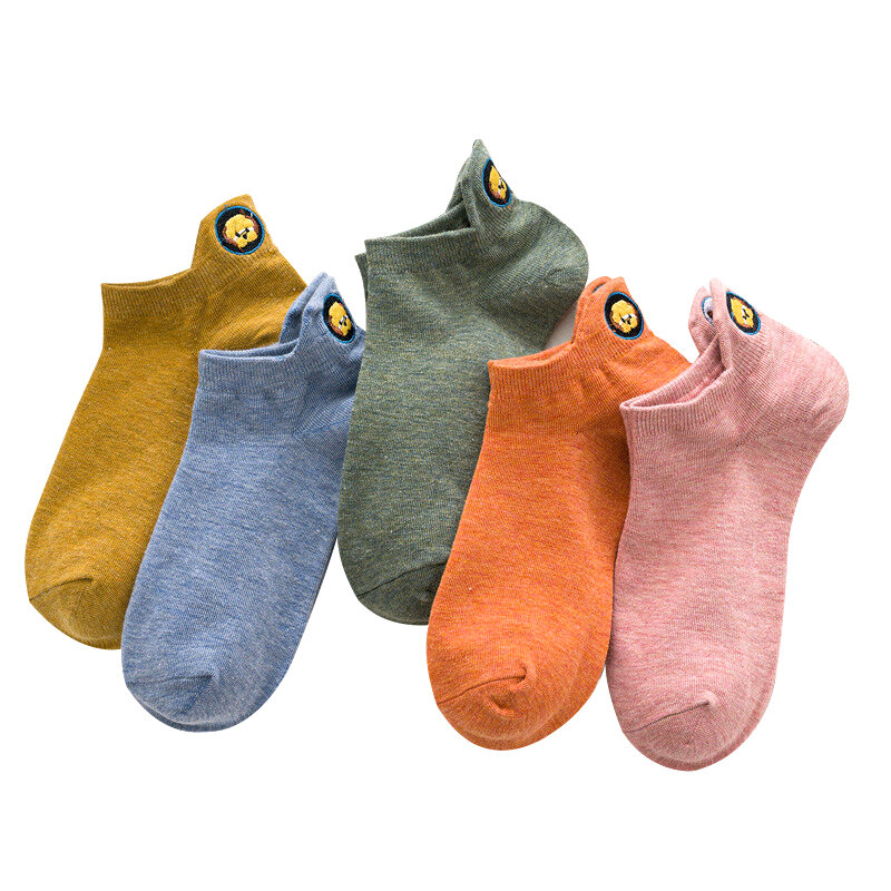 10 pares pacote de mulheres kawaii moda bordado cão animal cabeça curto tornozelo meias definir bonito dos desenhos animados feliz engraçado algodão barco meias