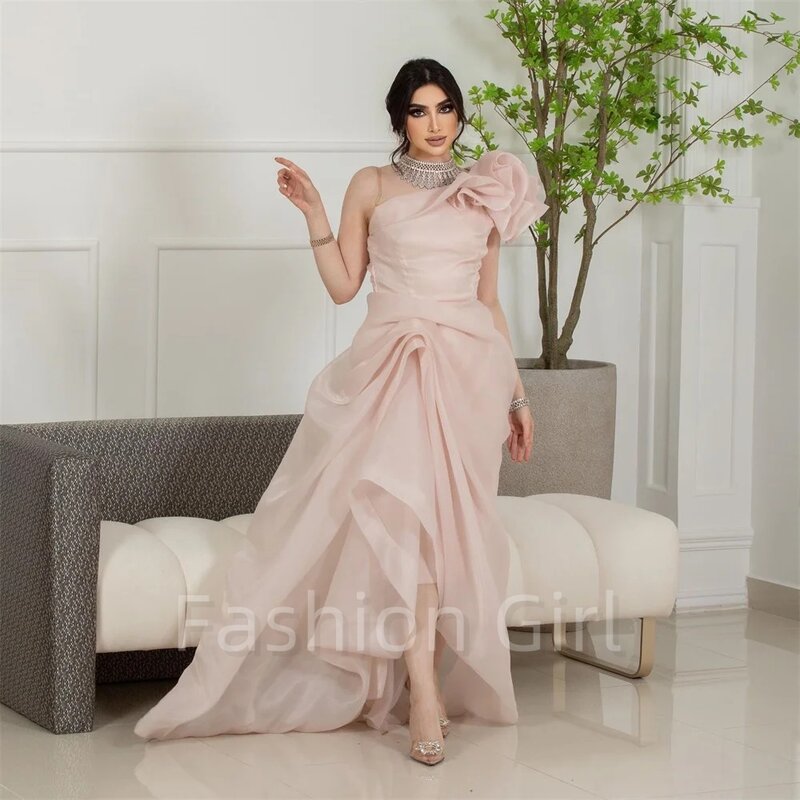 Elegante vestido de noche de Organza Rosa Simple, un hombro, línea A, largo hasta el suelo, flores, ocasiones formales, vestidos de graduación personalizados