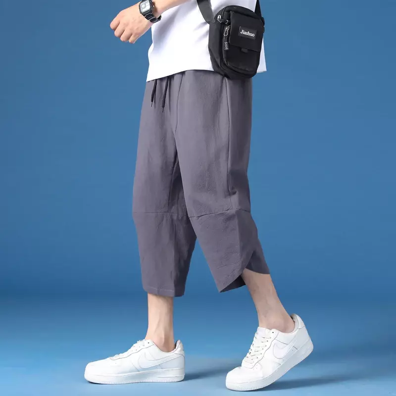 Fashion Men's Harem Pants  Linen Youth Elastic Waist Solid Color Shorts Male Casual Cropped Pants