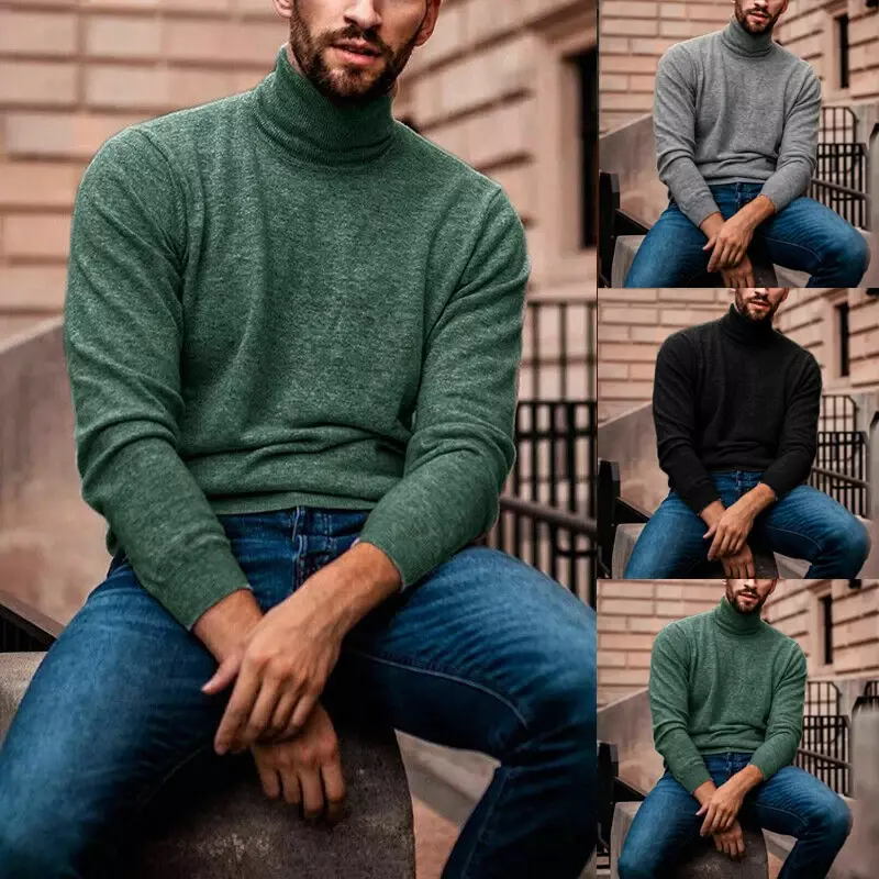 Autumn Winter Men Solid Color Sweater Pullover Fashion High Neck Long Sleeve Knitted Bottom Shirt Male Slim Fit Basic Undershirt