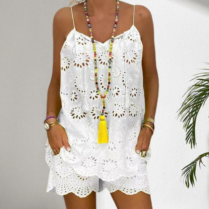 Women Drawstring Tassel Casual Outfit Lining Embroidery Flower Pattern Hollow Out Lace Trim Sling Vest Top Wide Leg Shorts Set