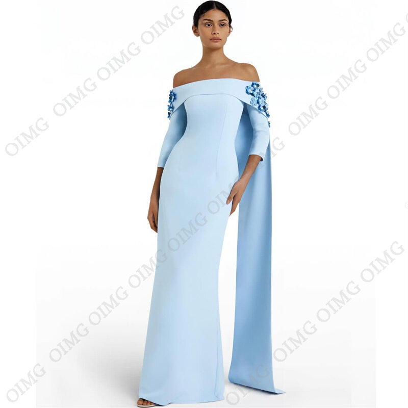 OIMG Elegant Sky Blue Off Shoulder Evening Dresses 3D Flowers Prom Gowns Satin Lace Formal Occasion Dress Party Dubai Women