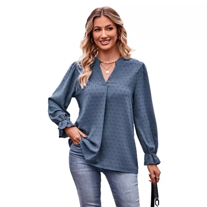 Intellectual Style Solid Color Jacquard Shirt Women Comfortable Casual Commuter Blouse Female V Neck Pullover Flared Sleeve Tops