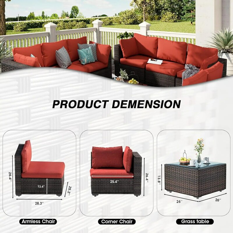 Patio Furniture Set, All Weather Outdoor Sectional PE Rattan, Patio Conversation Sets with Cushions and Glass Coffee Table