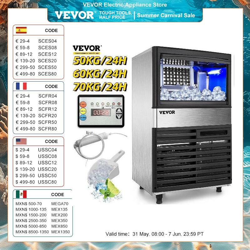 VEVOR Cube Ice Maker 50/60/70 KG/24H Freestanding Auto Clear Liquid Freezer Ice Generator Machine 110V Home Appliance Commercial