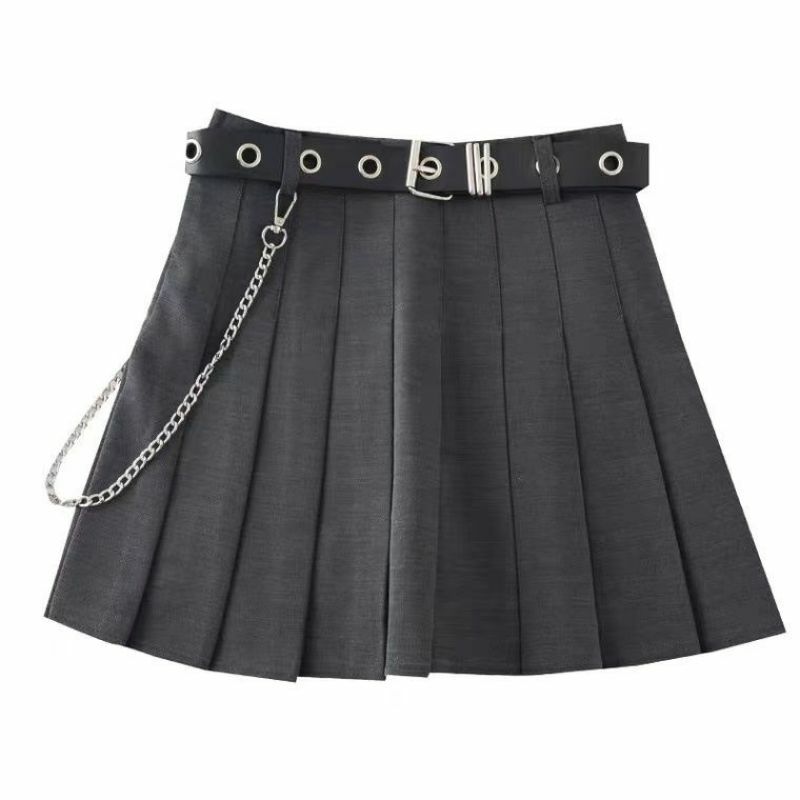 Mini saia plissada feminina com corrente, cintura alta, roupa de trabalho preta, linha A fina, mini saias, retrô, curta, primavera, verão, novo, Y2k