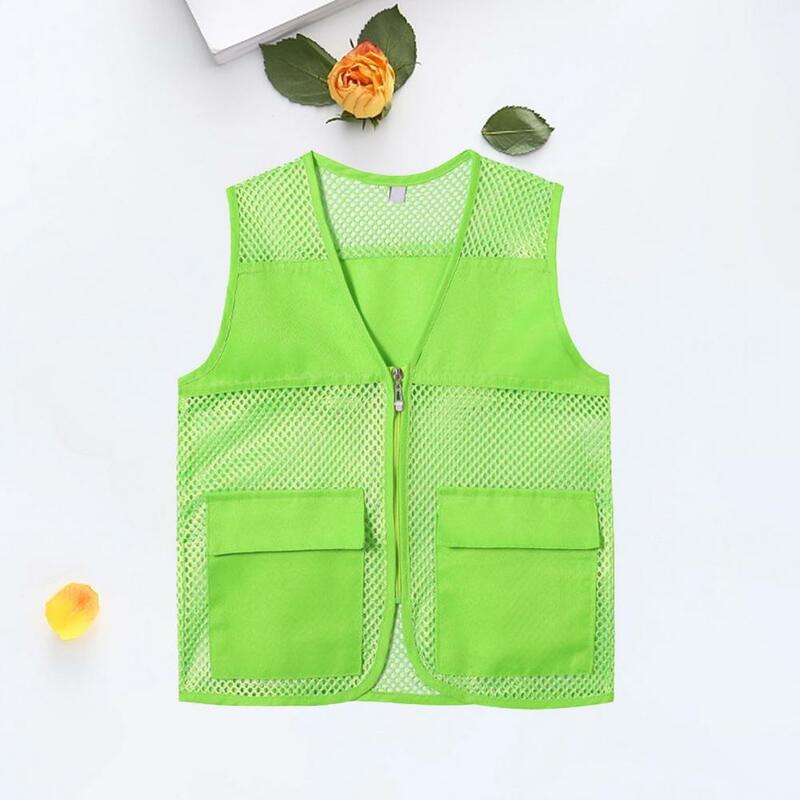 Hollow Out Zipper Placket Double Pockets V-neck Work Vest Volunteer Bright Color Loose Unisex Waistcoat Outdoor Fishing Vest