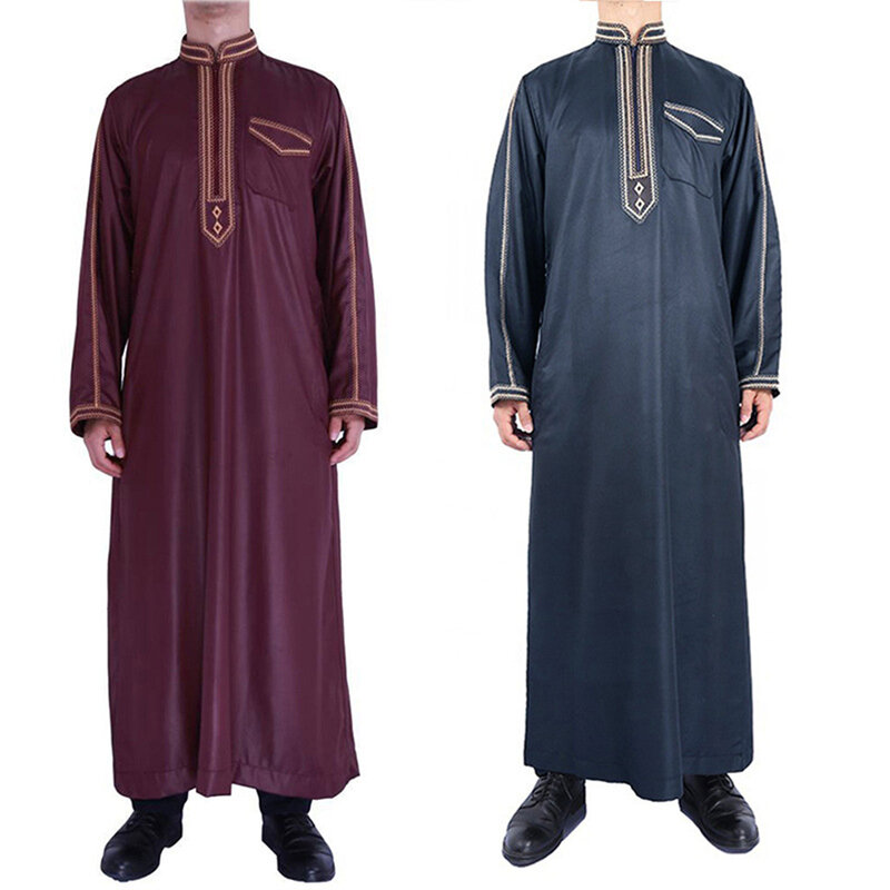 Jubah Muslim Saudi Arab pria, jubah panjang kerah berdiri lengan panjang longgar