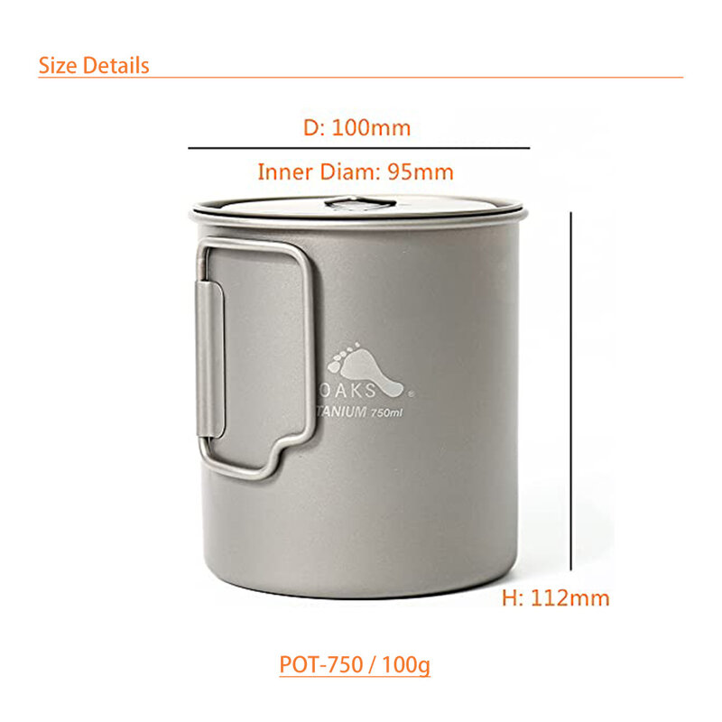TOAKS Titanium Pot POT-750, Cup Ultralight Outdoor Mug with Lid and Foldable Handle Camping Cookware 750ml 103g