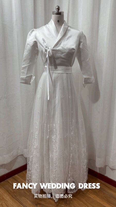 Fancy elegante 2 pezzi abito da sposa corea servizio fotografico pizzo scollo a V abito da sposa manica lunga lunghezza del pavimento abiti da sera da sera