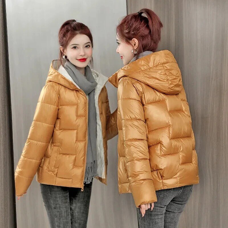 女性用の光沢のある綿のジャケット,パーカー,短いコート,暖かい,厚いレジャーコート,新しいコレクション2022
