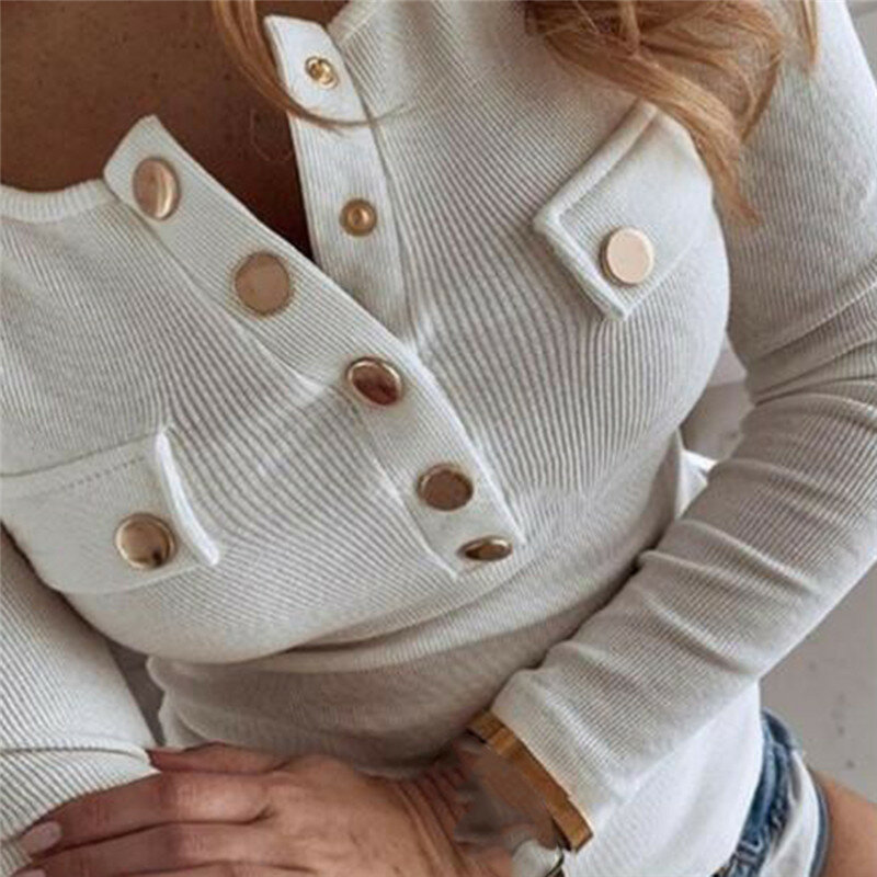 Blusa de manga larga con botones para mujer, camisa Sexy con cuello en V, ajustada, 5XL, 2023