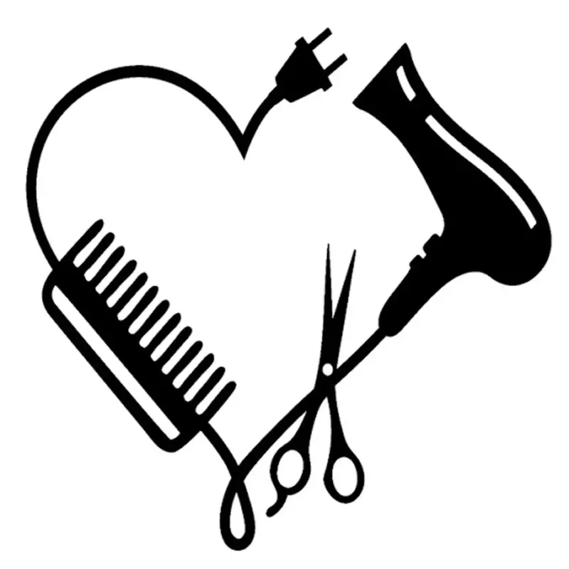 Personalità parrucchiere a forma di cuore pettine forbici asciugatrice moto adesivo decalcomania Design decorativo, 15cm