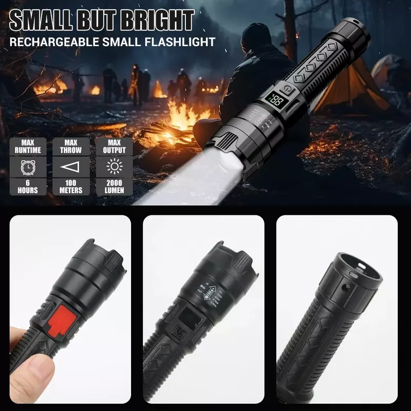 High Power LED Flashlight 3 Modes Type-C Rechargeable Zoom Lantern Built in Battery 100 Meter Outdoor Fishing Tactical Torch