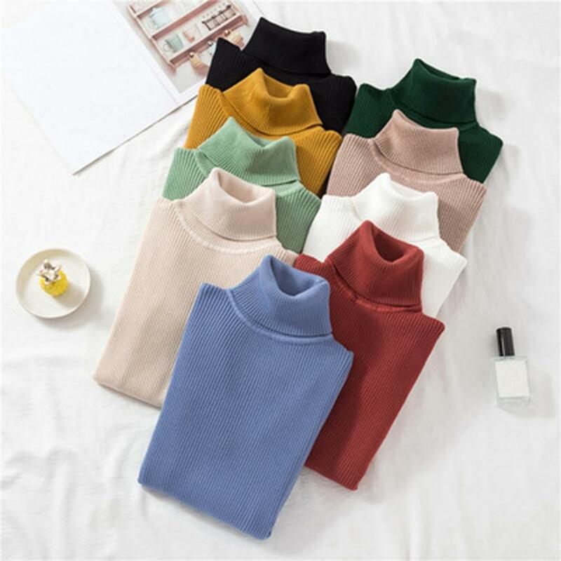 Elastic Sweater Women Pullover Sweater Chic High Collar Knitted Warm Elastic Solid Color Slim Fit Pullover Long Sleeve Sweater
