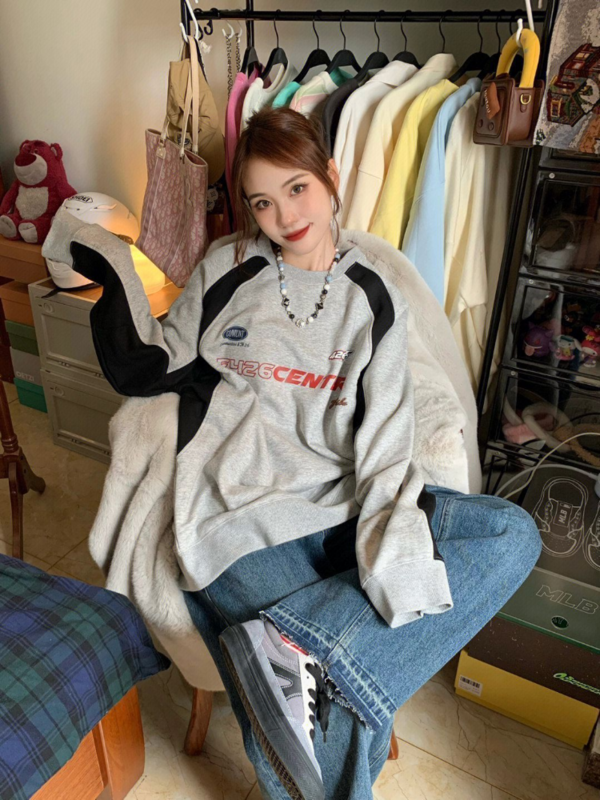 MATTA Y2K Hoodie Female Harajuku Kpop Vintage Gray Sweatshirts Women Hip Hop Retro Streetwear Long Sleeve Patchwork Letter Top