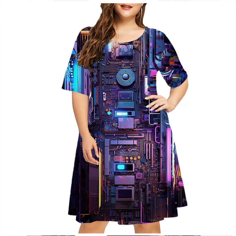 Mini vestido com padrão científico feminino, vestidos casuais, manga curta, gola em O, solto, plus size, roupas novas, tendência da moda, 6XL