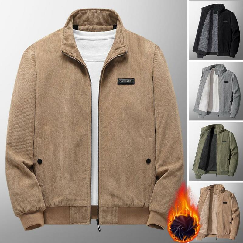 Men Cotton Jacket Winter Thick Plush Lining Warm Long Sleeves Stand Collar Zipper Pocket Casual Regular Fit Male Coat Outwear