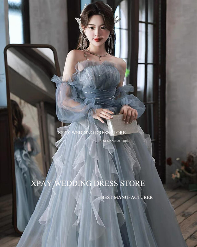 XPAY zakurzony Grey falbany koreańska suknia wieczorowa sesja zdjęciowa warstwowa bajkowy tiul suknia wieczorowa szałwia zielona sukienka na specjalną okazję urodzinowa