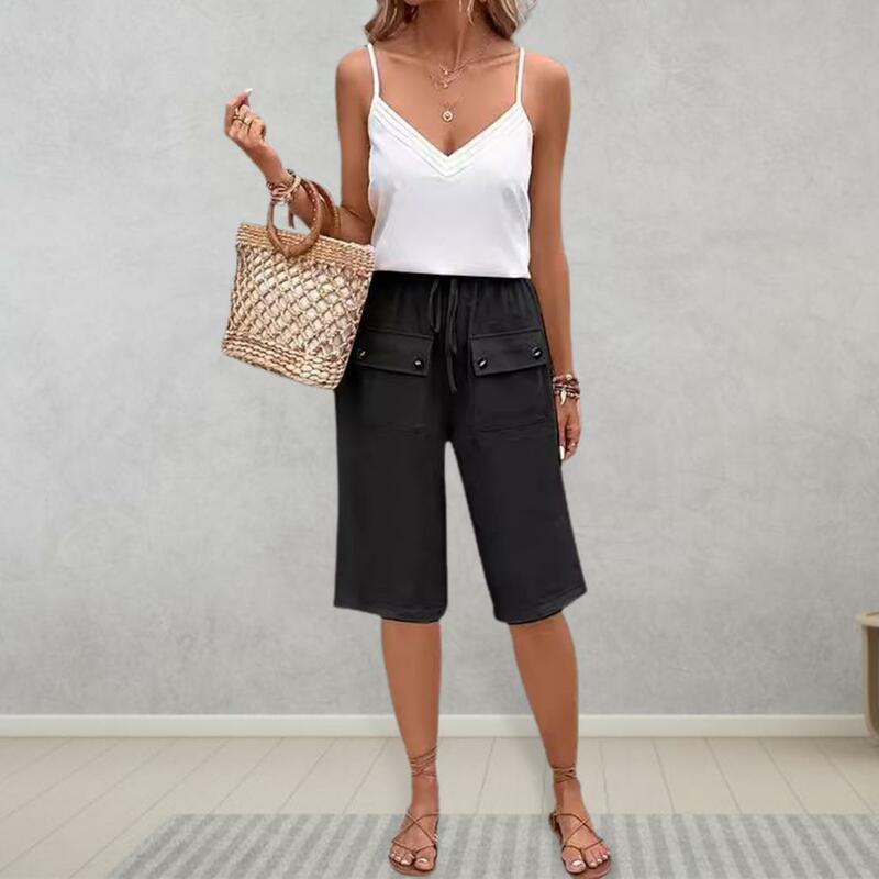 Women Shorts Knee Length Trousers Stylish Knee Length Women's Shorts with Drawstring Elastic Waist Buttoned Front for Casual