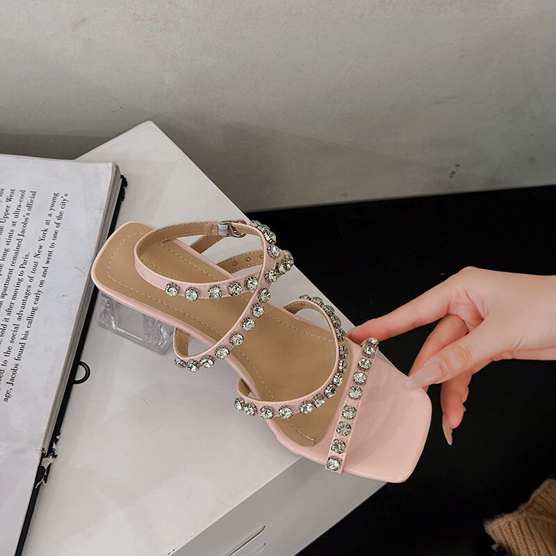 Sandalias de tacón alto con diamantes de imitación para mujer, zapatos de lujo con correa en el tobillo, novedad de verano, venta al por mayor, 2024