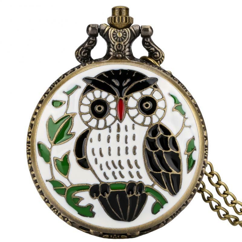 สีดำ/ขาววางกาวนกฮูกควอตซ์สร้อยคอนาฬิกาห่วงโซ่น่ารักสัตว์นาฬิกาโบราณจี้ของขวัญ