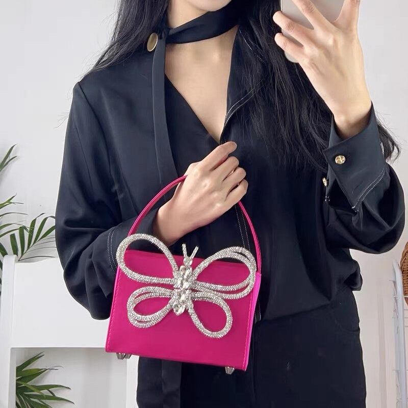 Женская атласная сумка-мини с бантом, роскошная дизайнерская вечерняя сумка с имитацией бриллиантов, 2023