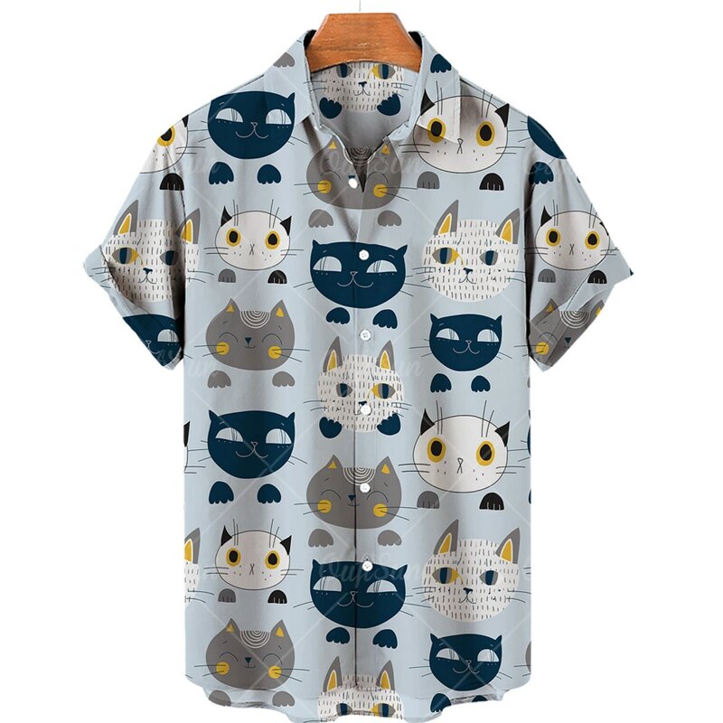 Chemise hawaïenne à simple boutonnage pour hommes et femmes, chemise imprimée chat mignon, haut décontracté d'été, grande taille, bouton simple, nouveau, 5XL