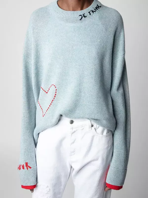 Women Cashmere Sweater Heart Letter Embroidery Casual Knitted Long Sleeve Jumper Fall Winter