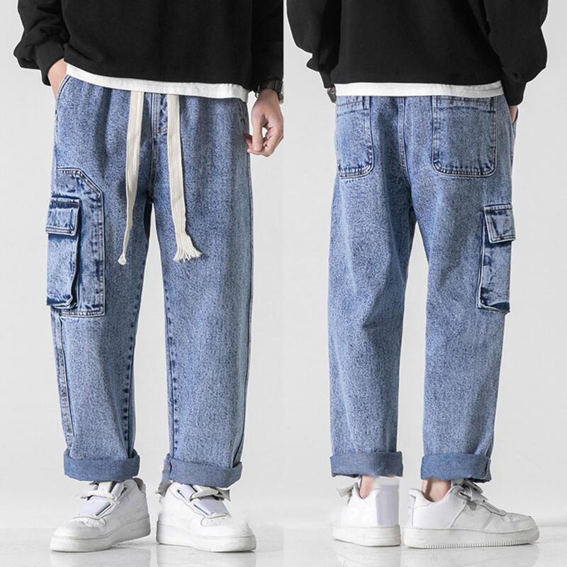 Men Summer Casual Jeans Elastic Drawstring Waist Straight Wide Leg Denim Pants Multi Pockets Design Long Trousers Streetwear