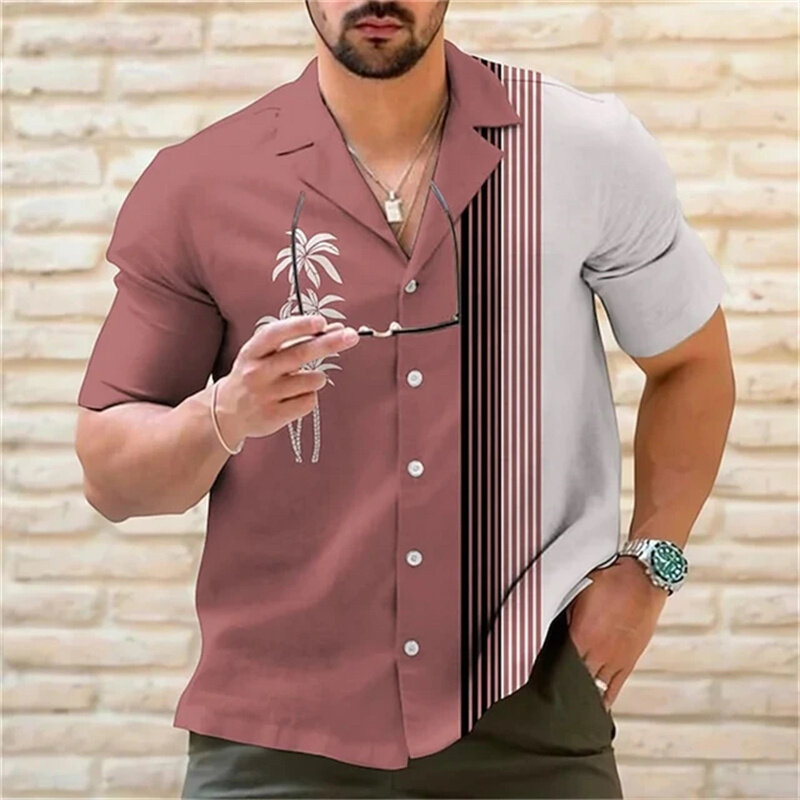 Camisa havaiana de manga curta masculina, moda rua casual, luxo, listra de coco, festa na praia, verão, 6 cores, 2023
