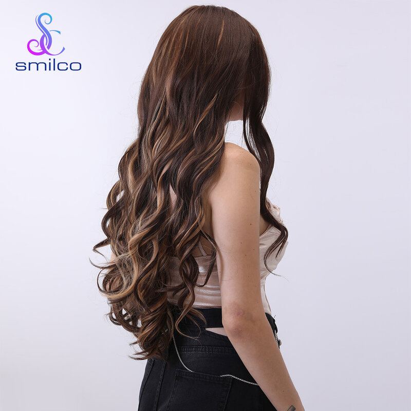 Smilco Frauen Perücke lange Welle synthetische Spitze vorne Drag Queen Cosplay tägliche Haar Perücken (32 ''braun gemischte Blondine)