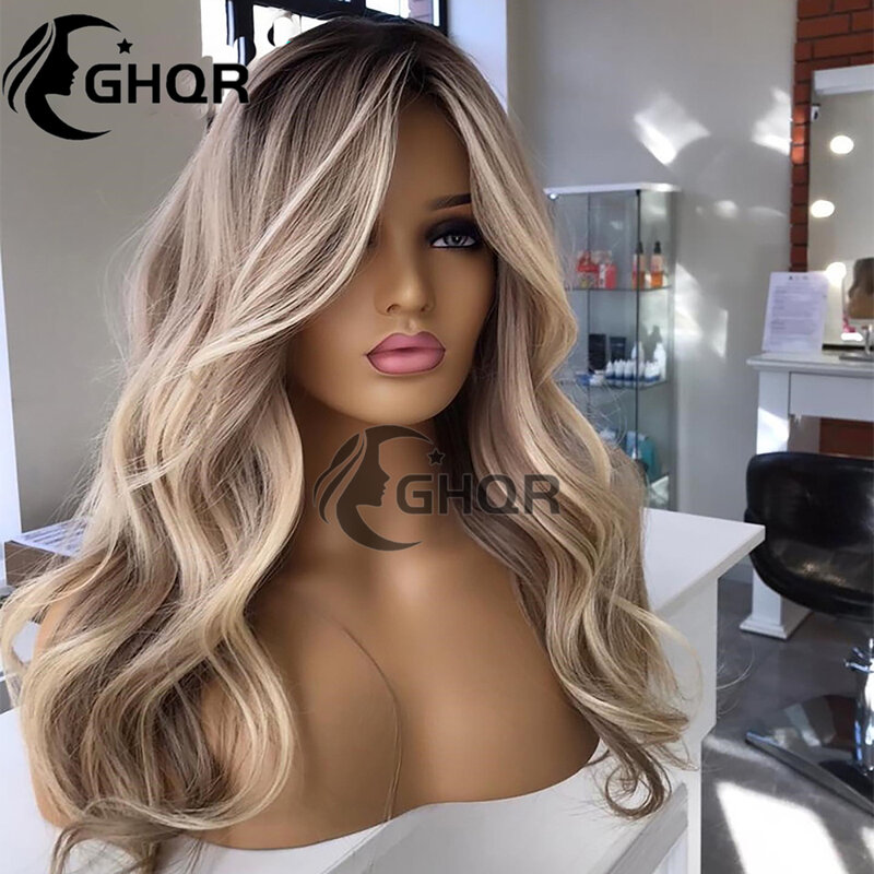Highlight Human Hair 360 Lace Frontal Wig Ash Brown Blonde Human Hair Wig Full Lace Natural Wave Lace Front Wig PrePlucked Glule