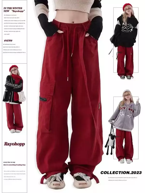 Pantalones cargo rojos para mujer, pantalones de chándal holgados de cintura alta, pierna ancha, y2k