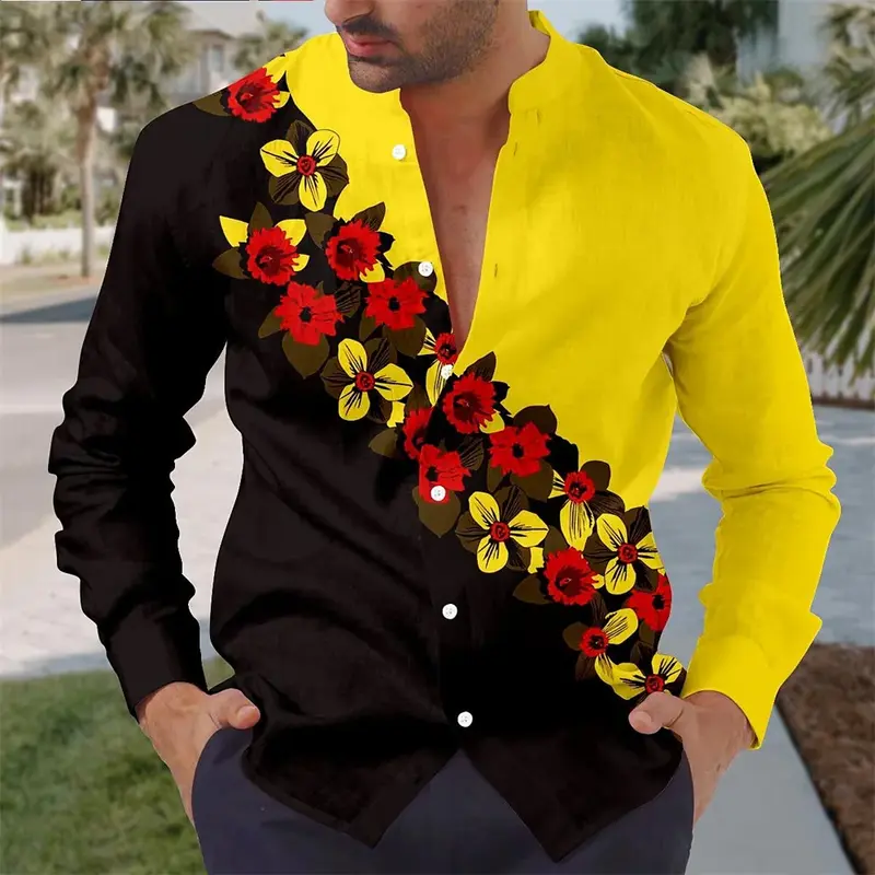 Kemeja bercetak pria, musim panas motif bunga 3D, lengan panjang kerah berdiri, liburan pakaian pria berkualitas tinggi