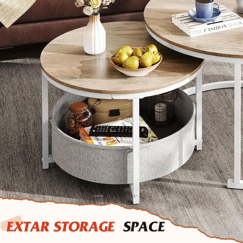32 Inch Round Nesting Table for Living Room Coffee Table Modern Metal Frame and Fabric Basket Seating Room Tables Coffe Design