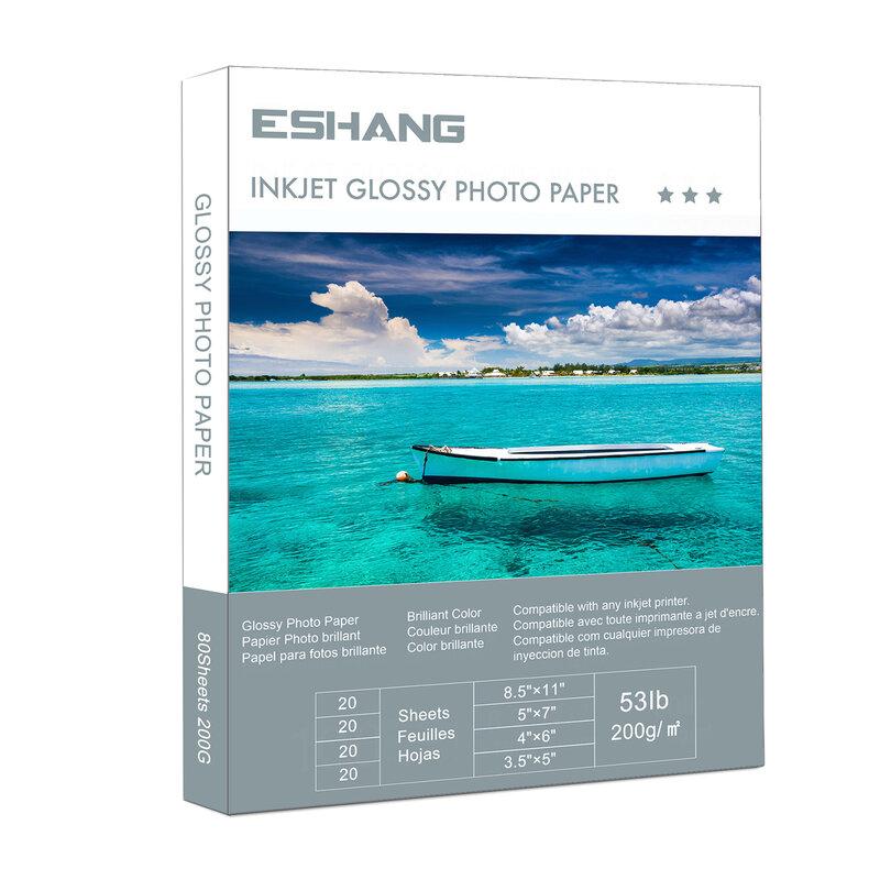 ESHANG kertas foto Glossy paket bervariasi, 80 Total lembar (5 inci, 6 inci, 7 inci, A4/8.5 × 11 inci) 200 gsm, 53Ib