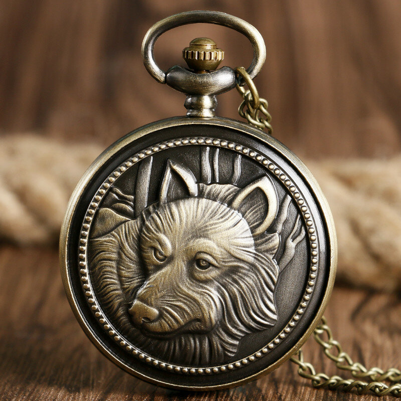 Wolf Dog jam tangan saku kuarsa pria, arloji Vintage nomor Arab dengan liontin kalung rantai pemburu penuh hadiah antik