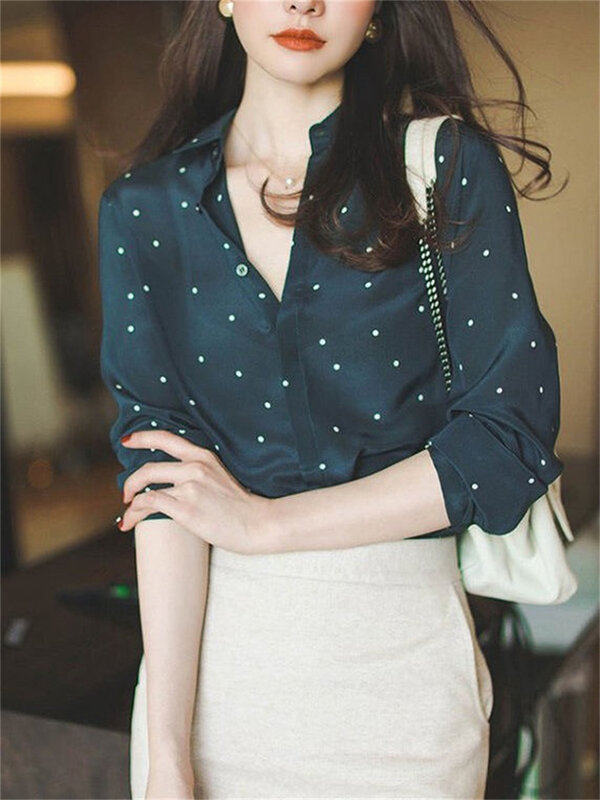 ผู้หญิงฤดูใบไม้ผลิฤดูใบไม้ร่วงสไตล์เสื้อเลดี้ Casual Long Sleeve คอปกเสื้อ Dot พิมพ์ Blusas Tops ZZ1802