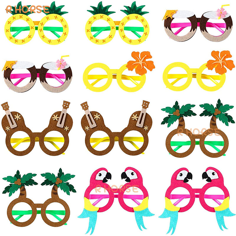 12Pcs Havaí Tropical Óculos extravagantes Quadros para crianças Abacaxi Palm Tree Coconut Parrot Felt Glasses Luau Beach Party Supplies