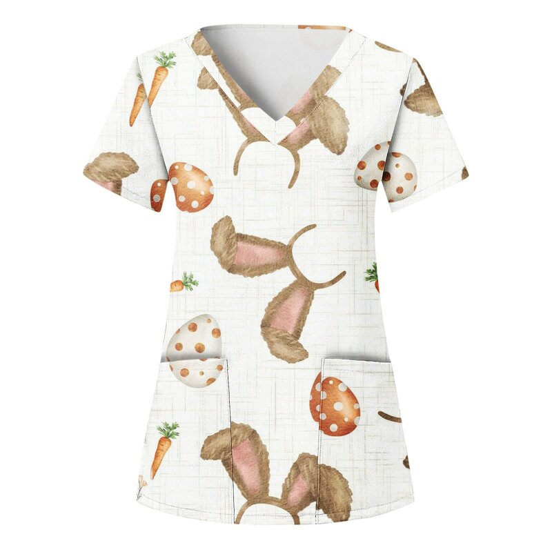 Happy Easter Women Comfotable Scrubs Top Easter Print Short Sleeve V Neck T Shirts With Pockets Female Nurse Uniform Blouse