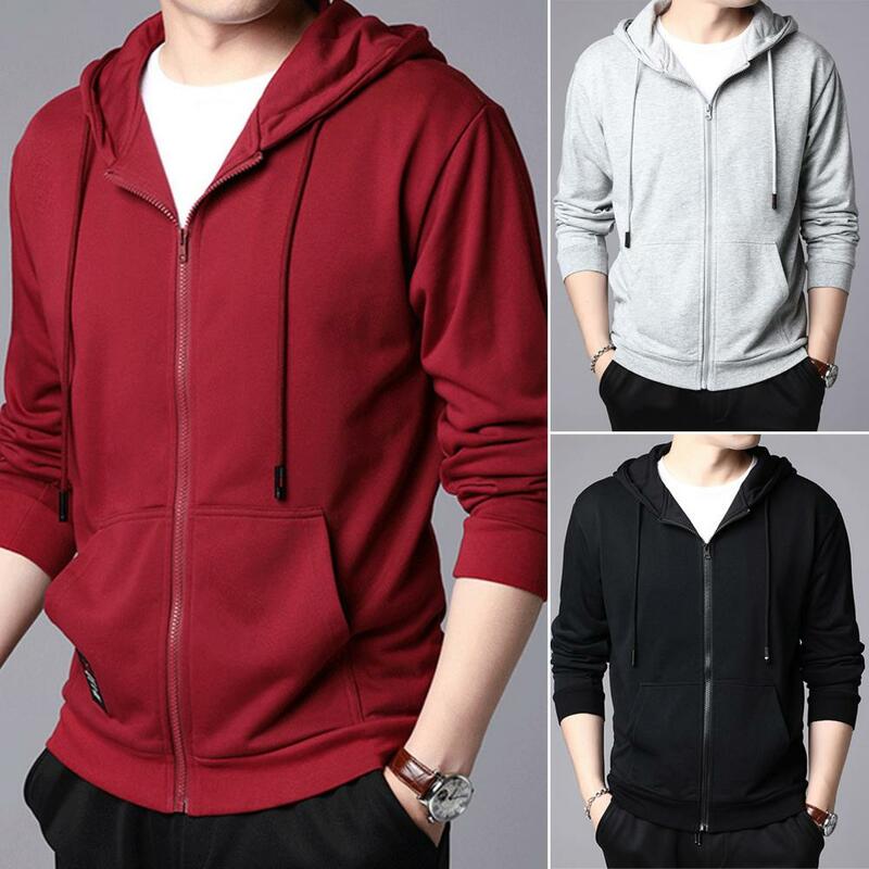 Trendy Men Fall Coat Warm Long Sleeves Outwear Drawstring Pure Color Spring Jacket