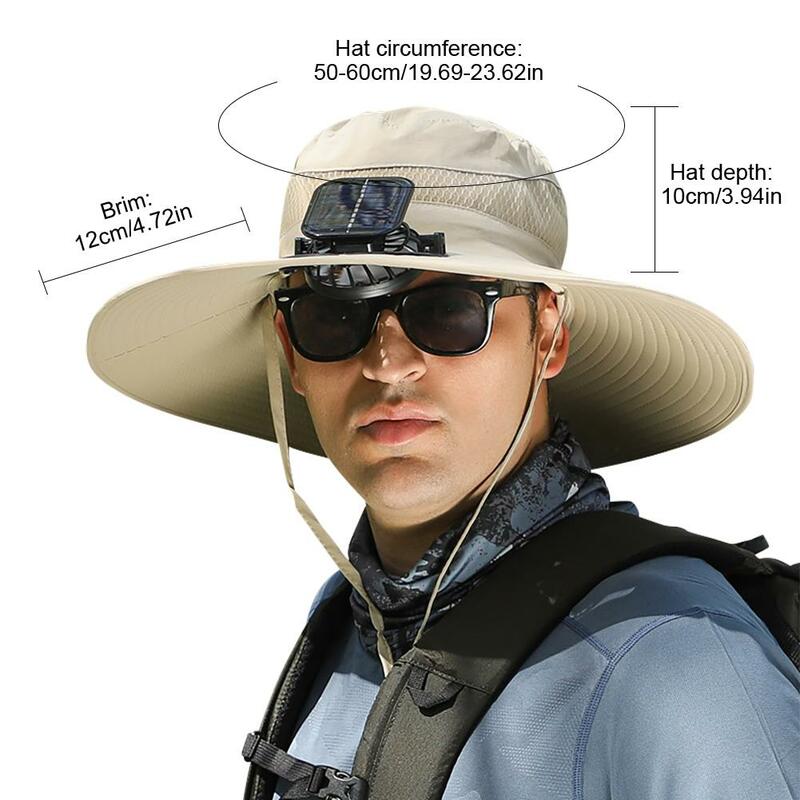 Topi lebar bertepi pria, untuk musim panas luar ruangan energi angin tenaga surya pengisian USB topi Hiking memancing topi berjalan